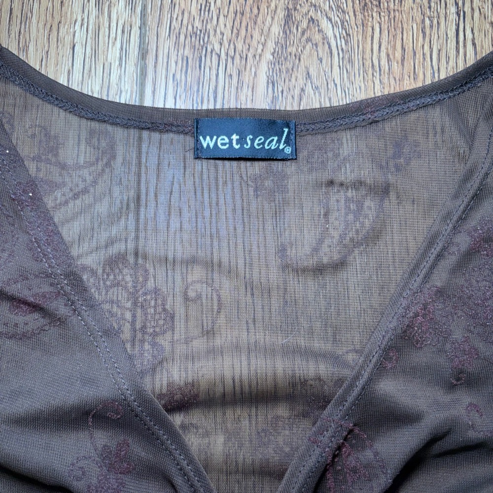 Y2K Wet Seal Brown Sheer Mesh Paisley Floral Tie Cuff Top L Fairy Ethereal - Picture 2 of 10